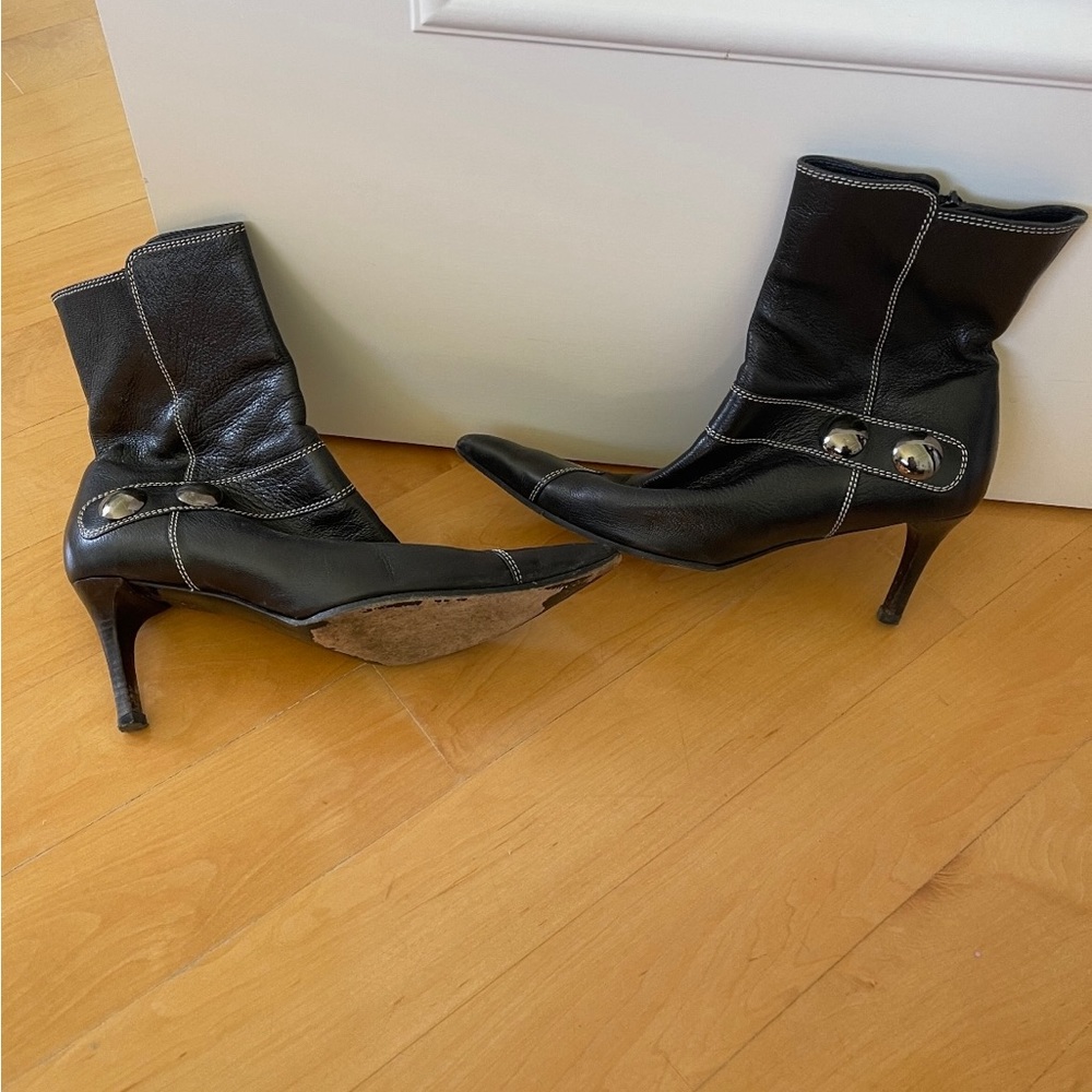 Lerre Vintage Italian Black Leather Pointed Toe Heeled Ankle Boots EU 38.5
